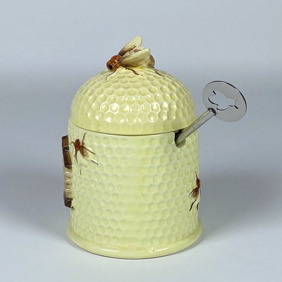 Vintage Lorrie Design Ceramic Honey Pot With Lid Honey Dipper Spoon Made Japan - Picture 6 of 11